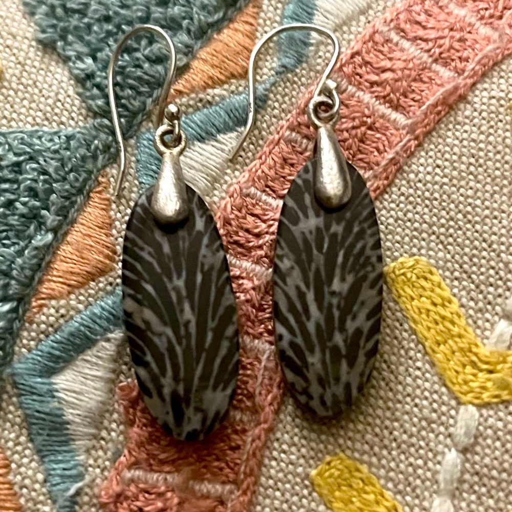 Sterling Coral Reef 🐠 🪸 NATURAL BLACK FOSSIL AGATIZED CORAL hook earrings UNIQUE